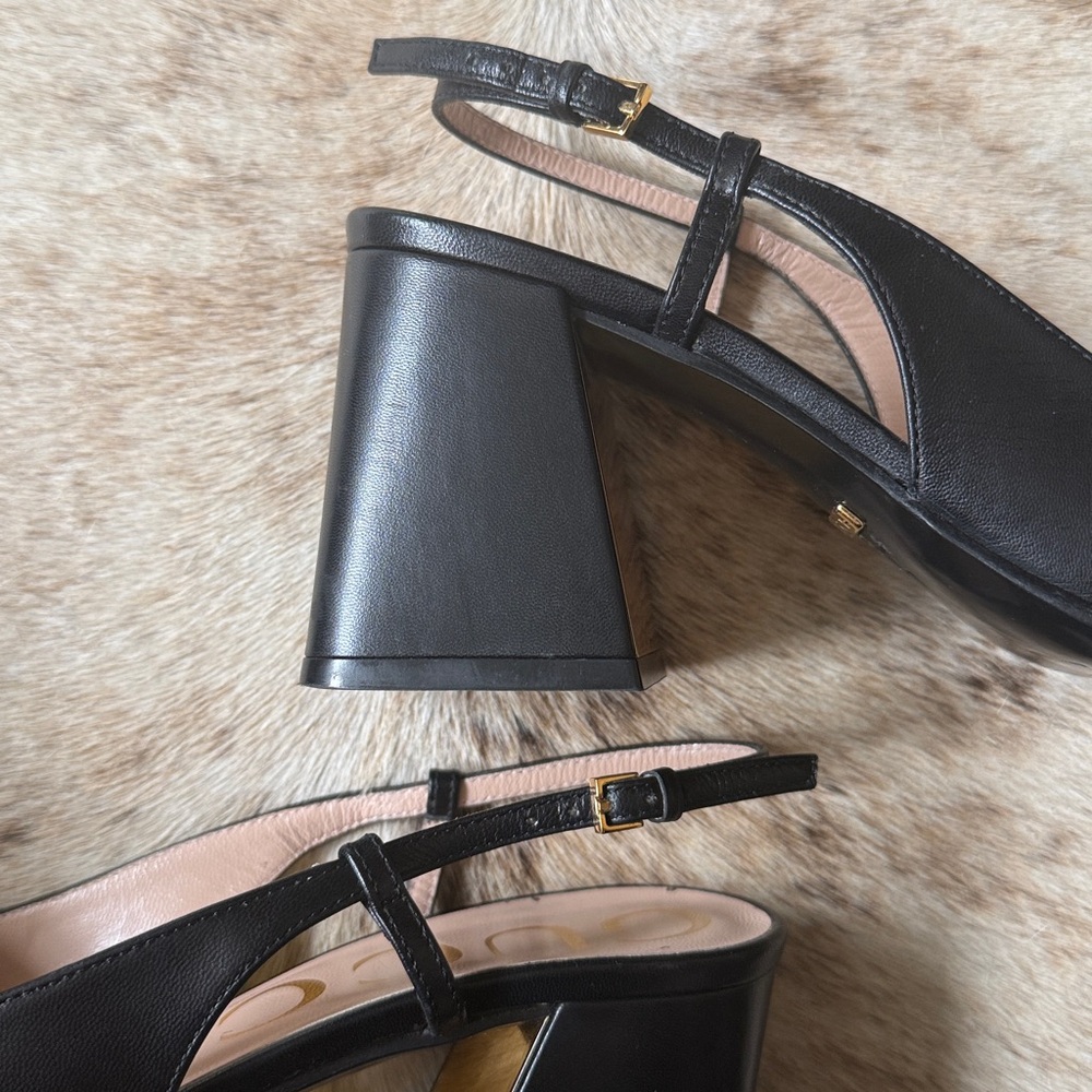 Gucci 37 7 Black Leather Gold Horsebit Mark Jane Pumps Heels Slingback with Box - Picture 10 of 16
